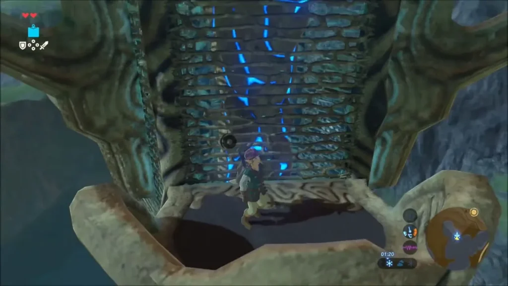 Link pulling up onto a stone ledge on the tower Link pulling up onto a stone ledge on the tower