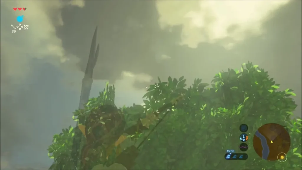 Link climbing up into the leafy crown of the tree Link climbing up into the leafy crown of the tree