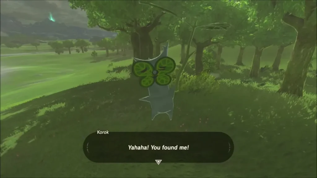 The Korok at the foot of the tree saying Yahaha, you found me The Korok at the foot of the tree saying Yahaha, you found me