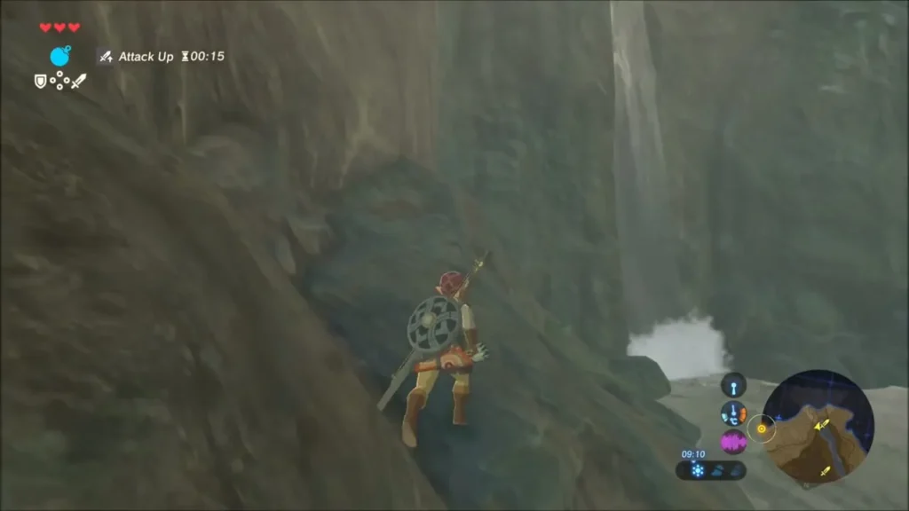 Link climbing the cliff beside the waterfall Link climbing the cliff beside the waterfall