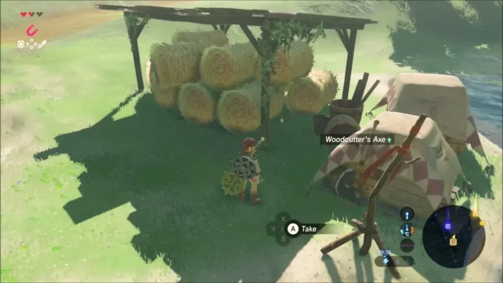 Link at the hay shed with a Take prompt for the Woodcutter's Axe Link at the hay shed with a Take prompt for the Woodcutter's Axe