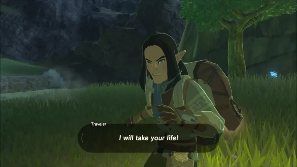 The traveler drops his act and threatens Link The traveler drops his act and threatens Link
