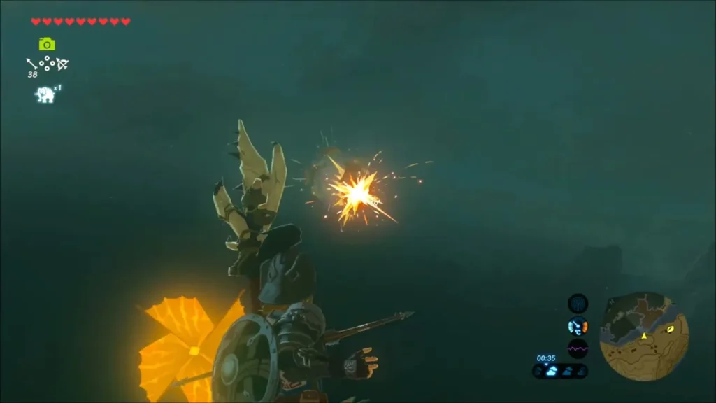 An arrow bursting the Korok balloon in mid glide