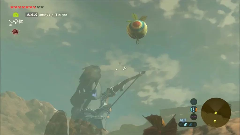 The Korok balloon in the crosshair above Link