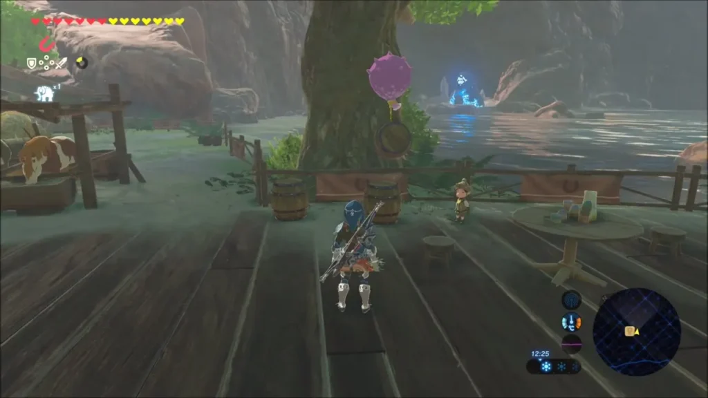 Link watches a barrel with a pink Octo Balloon attached rise above the stable deck