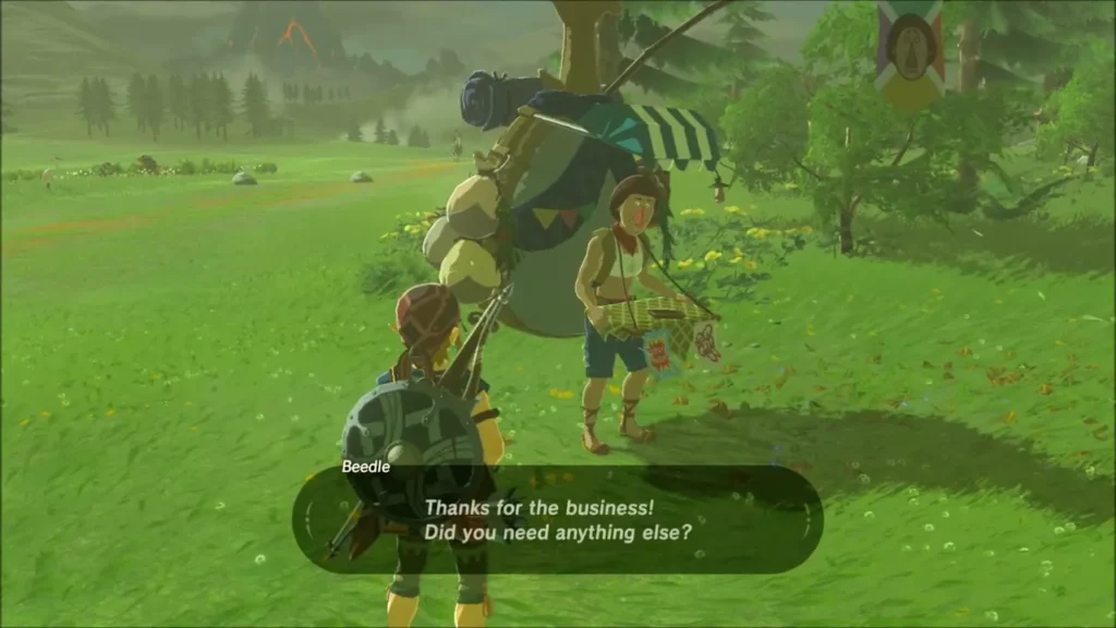 Link talking with the travelling merchant Beedle on the plain