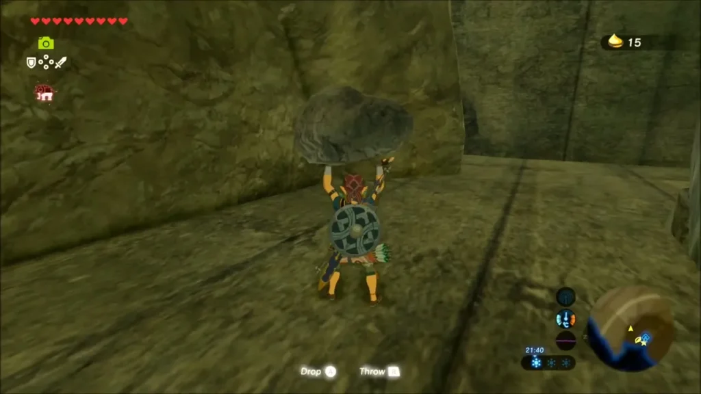 Link carrying a boulder along the long stone roof