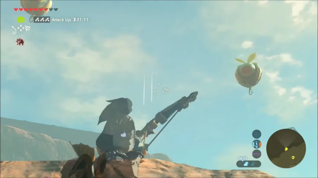 Link drawing his bow at a Korok balloon floating in the sky