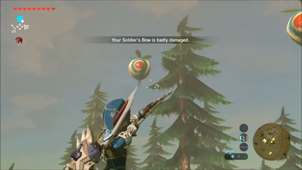 Link aiming a bow at a floating balloon above the pine trees
