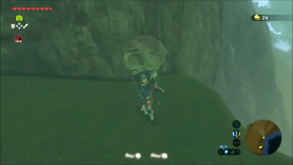 Link carrying a boulder over his head on the ledge