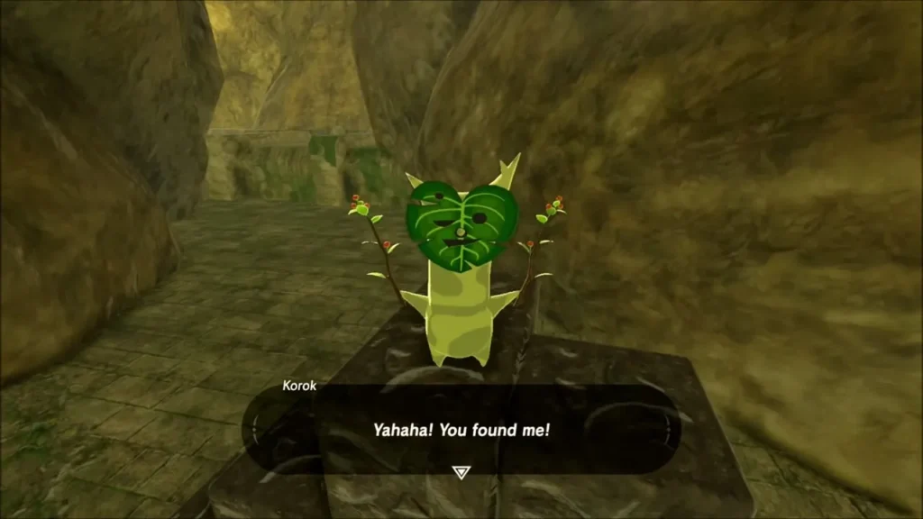 Korok on its stone pedestal saying Yahaha, you found me