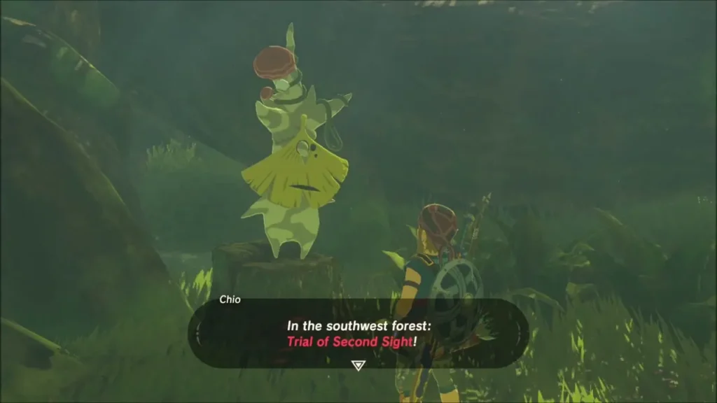 Chio on a stump pointing Link to the Trial of Second Sight