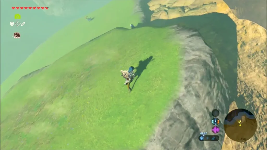 Link climbing a steep grassy hillside toward a high ledge