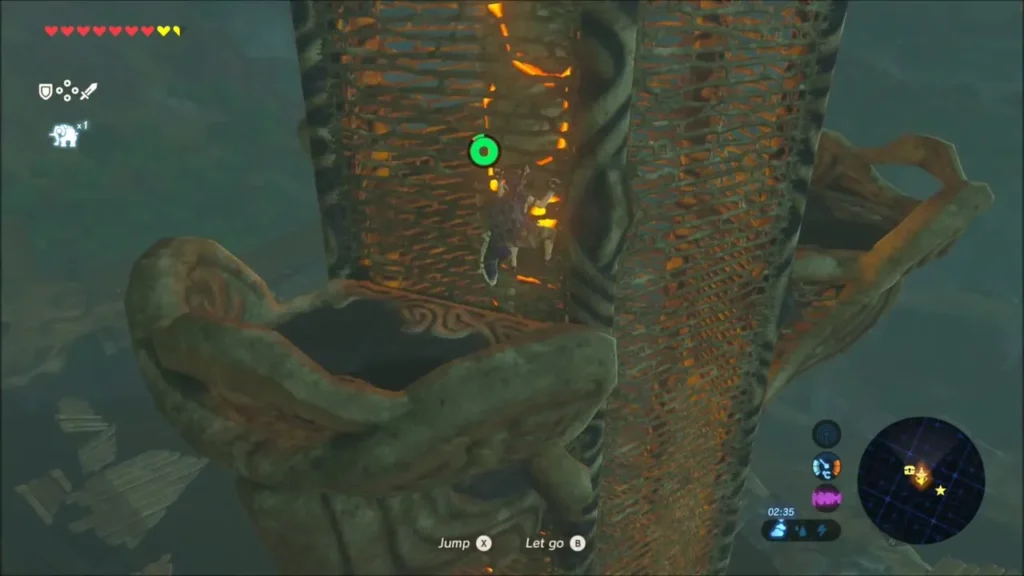 Link scaling the glowing orange shaft of Woodland Tower