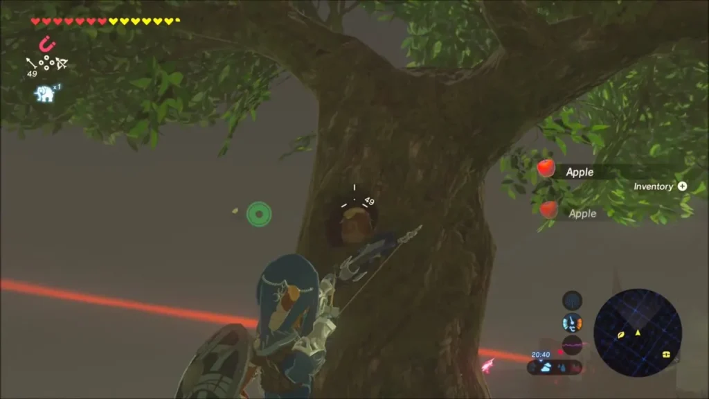 Link climbing the tree trunk toward a hollow where a Korok hides