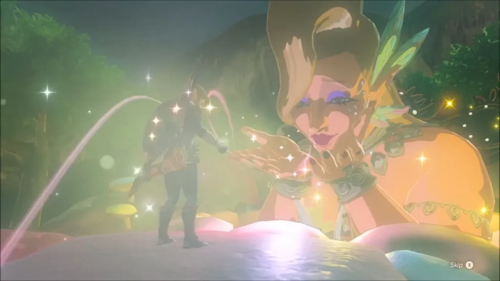 Cotera blowing sparkles over Link as his armor is enhanced