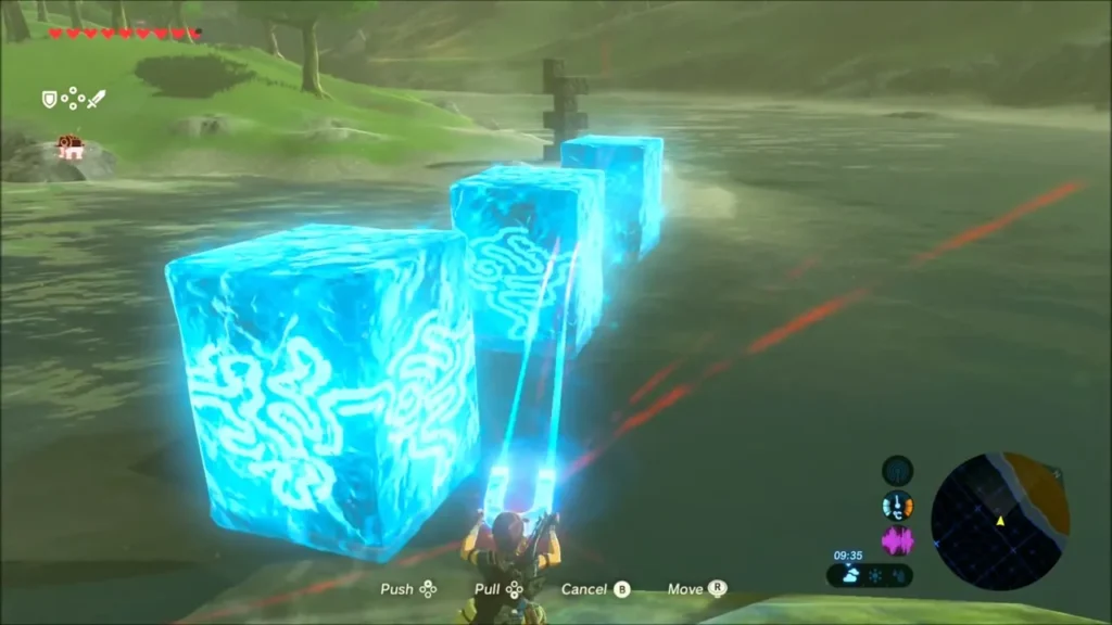 A row of Cryonis ice blocks stretching across the water