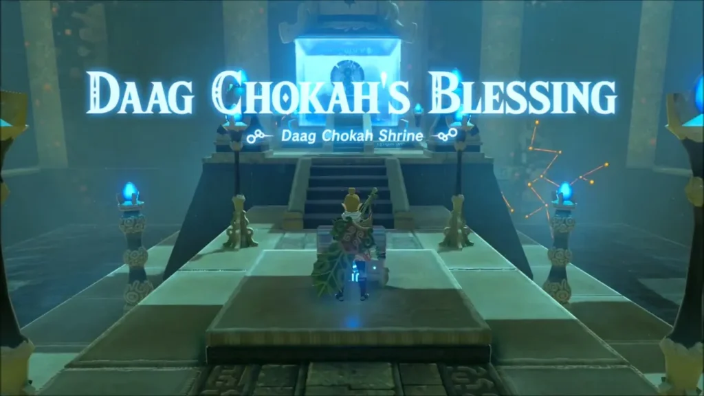 Daag Chokah's Blessing title over Link at the shrine altar