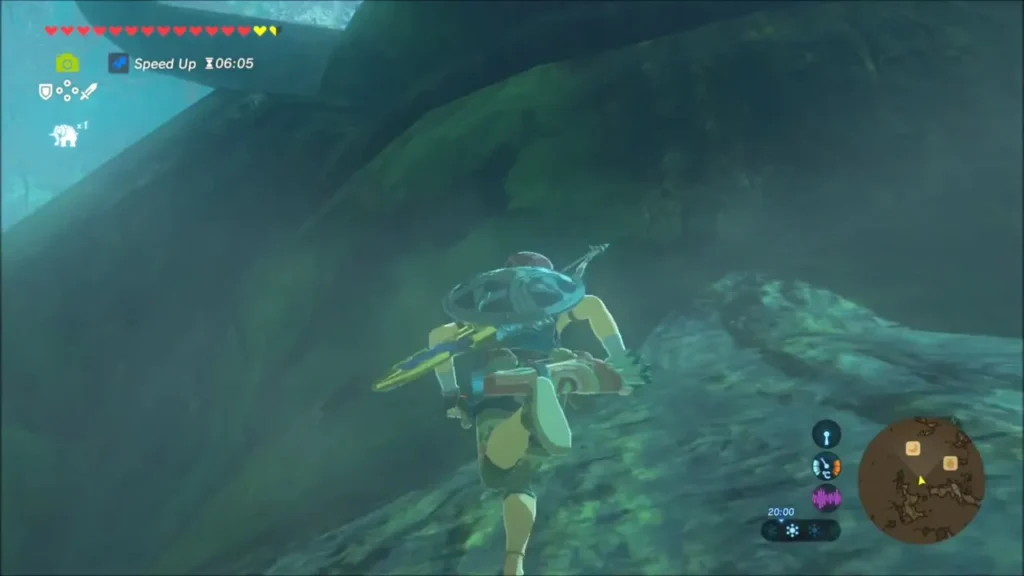 Link climbing the mossy trunk of the Great Deku Tree with a speed boost