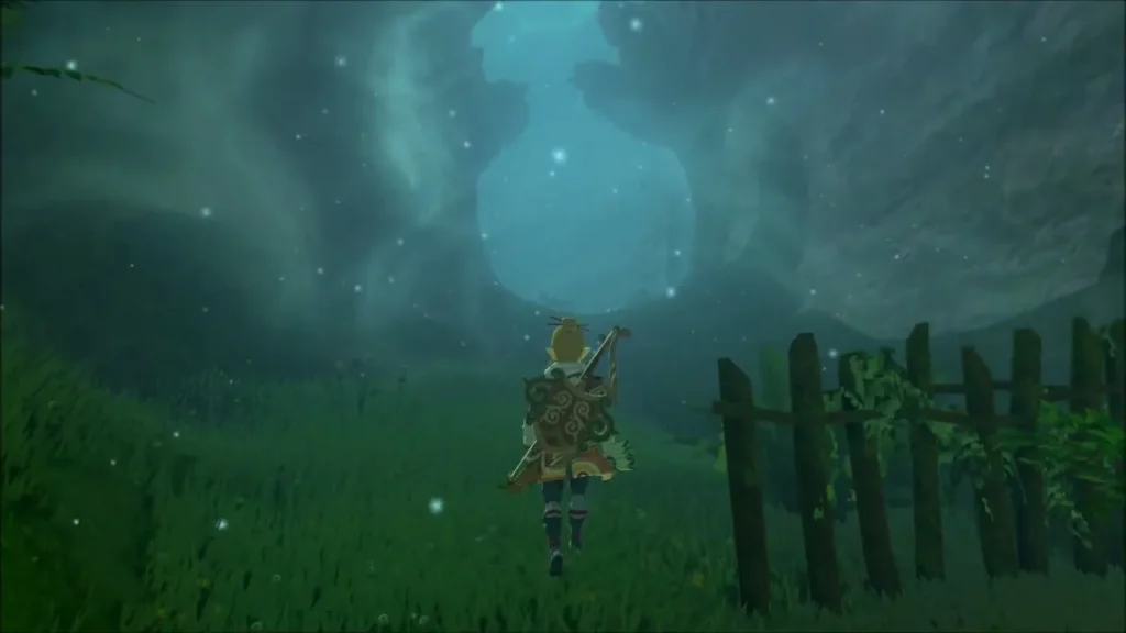 Link walking beside a wooden fence toward the mist at the swamp's edge