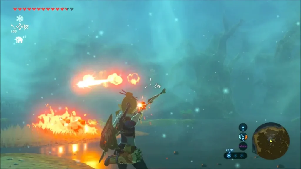 Link shooting a flaming arrow with fires burning over the swamp water