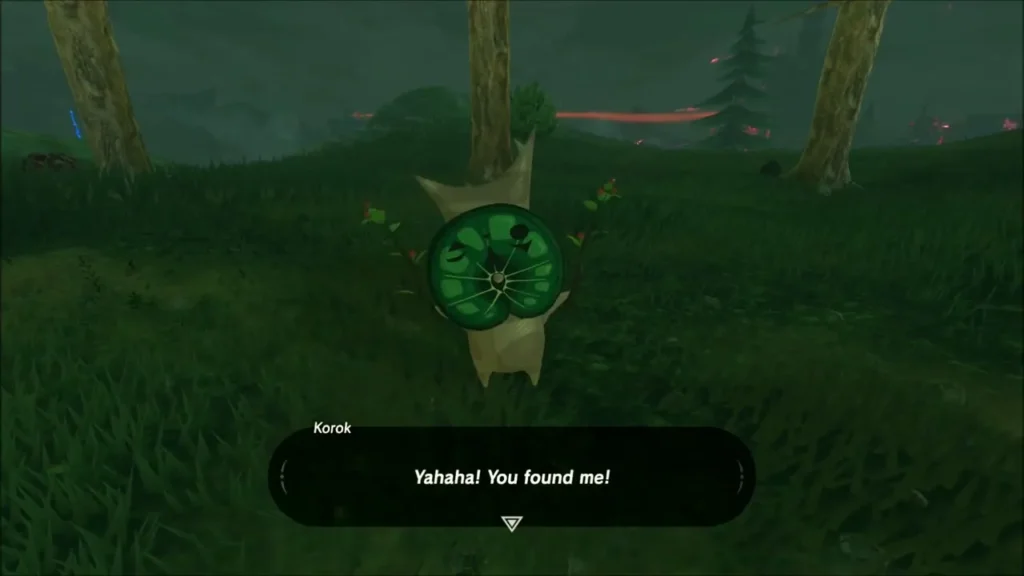 A Korok greeting Link between pine trunks with its leaf mask