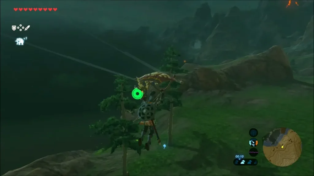 Link gliding down from a cliff over green grassland