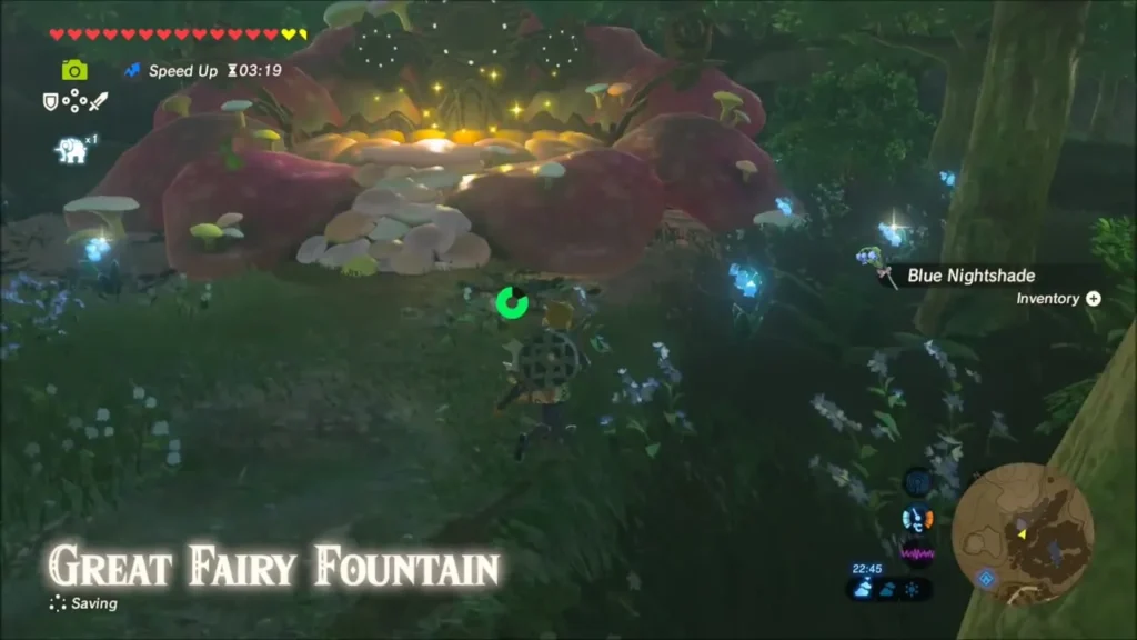 Link approaching the Great Fairy Fountain glowing among giant flowers