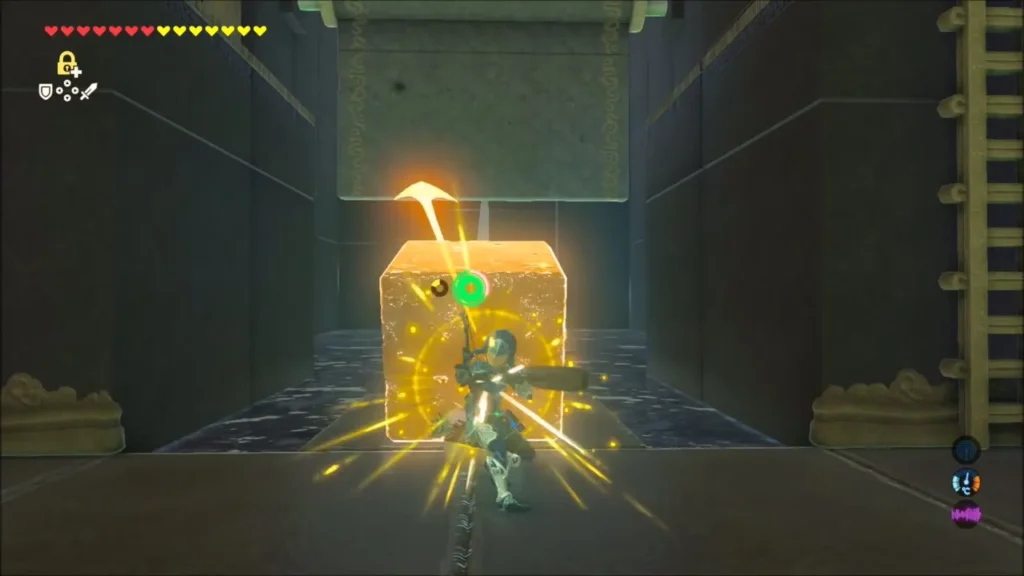 Link striking a glowing block with the sledgehammer in the next room