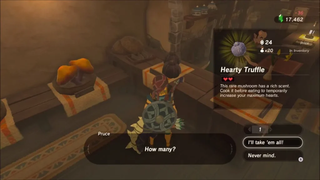 Link buying a Hearty Truffle, the item box describing the mushroom