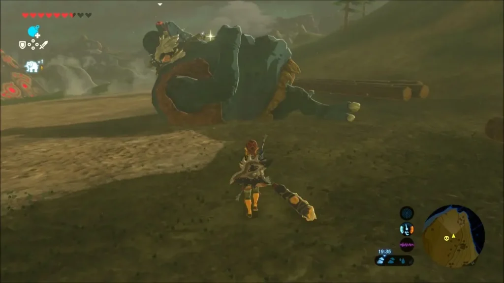Link approaching a Hinox lying on the plain beside the castle approach