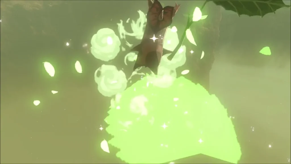 A Korok emerging in a burst of green leaves