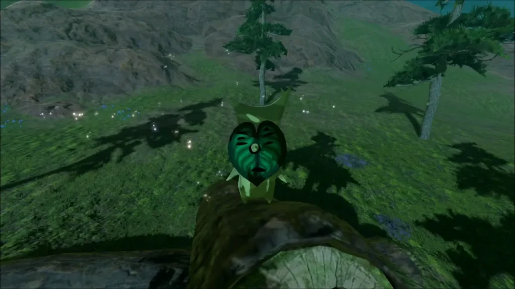 A Korok sitting on a fallen log in a pine meadow