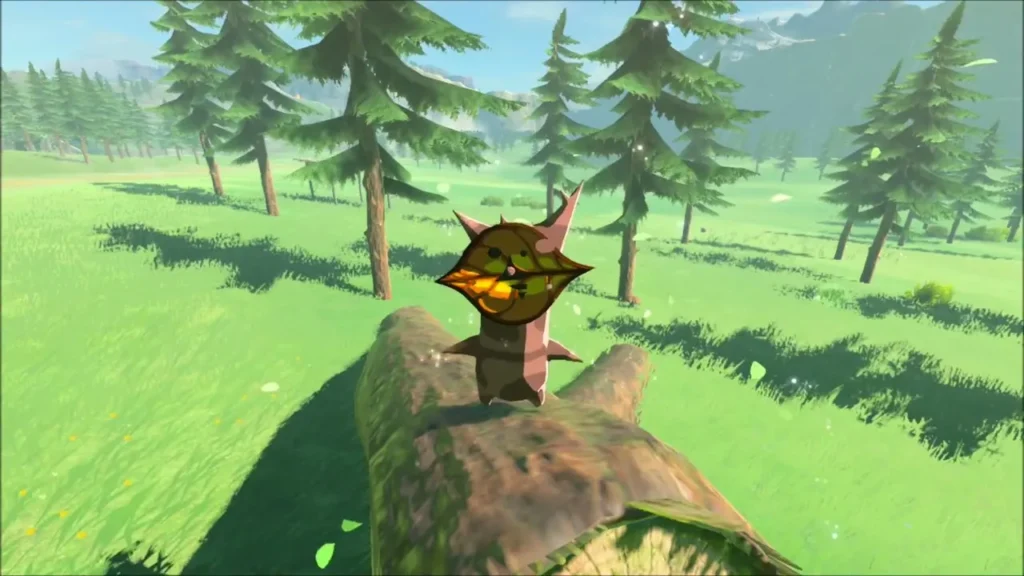 A Korok resting on a fallen log in the grassland