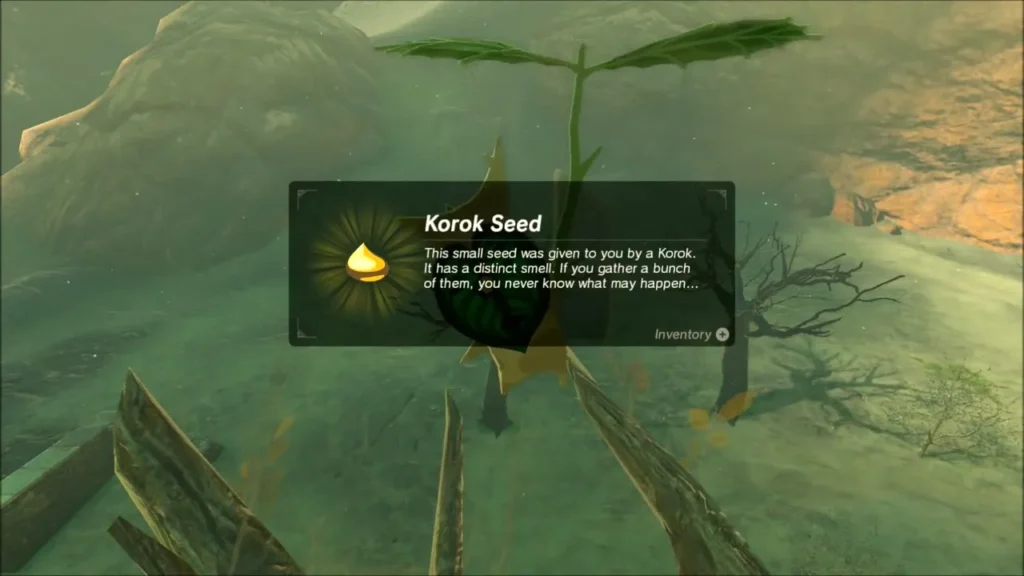 Korok Seed item box shown over the Korok among the dead trees