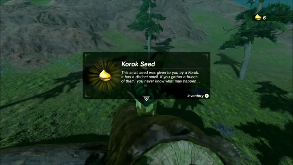 Link receiving a Korok Seed from the Korok on the log