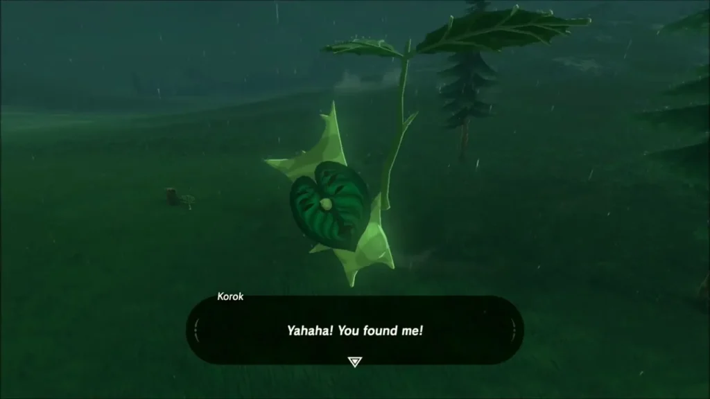 A Korok in the dark grass saying Yahaha, you found me
