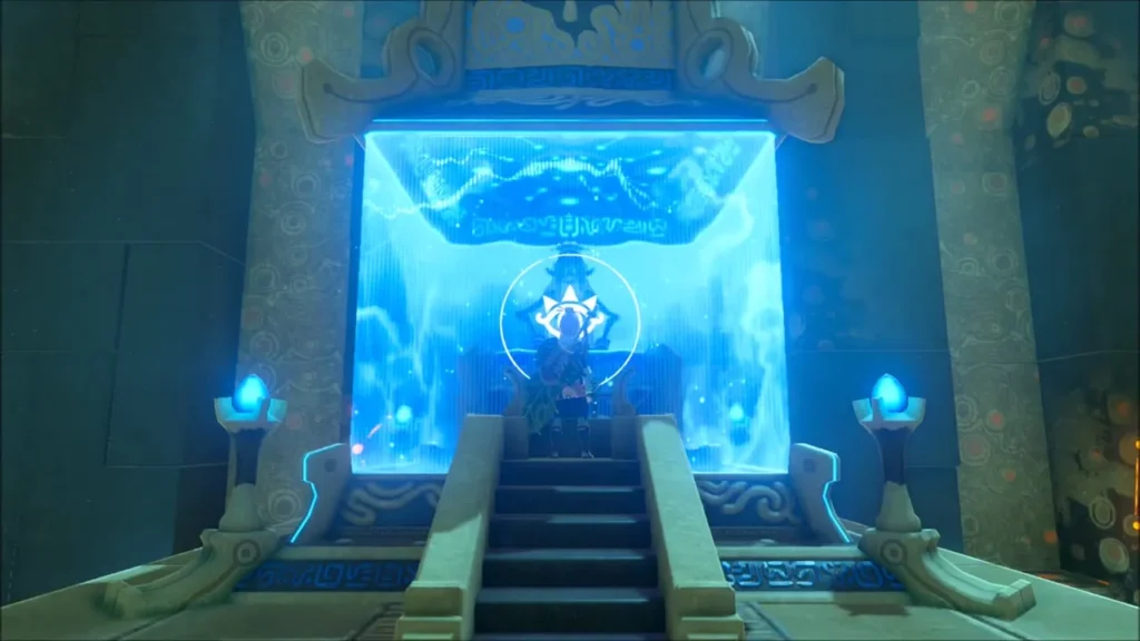 Link climbing the stairs toward the monk behind the blue barrier