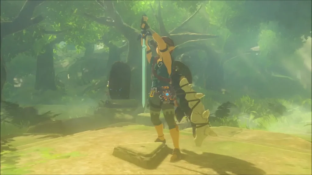 Link raising the Master Sword beside the pedestal