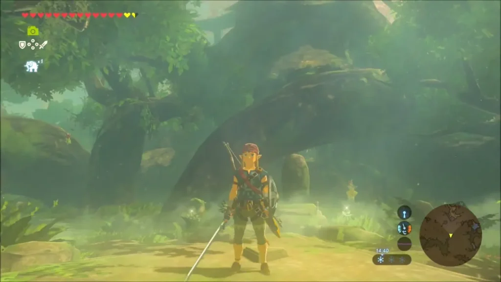 Link standing with the Master Sword drawn in Korok Forest