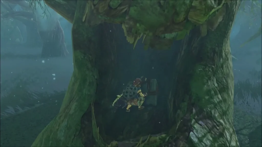 Link inside a large hollow tree in the misty Lost Woods