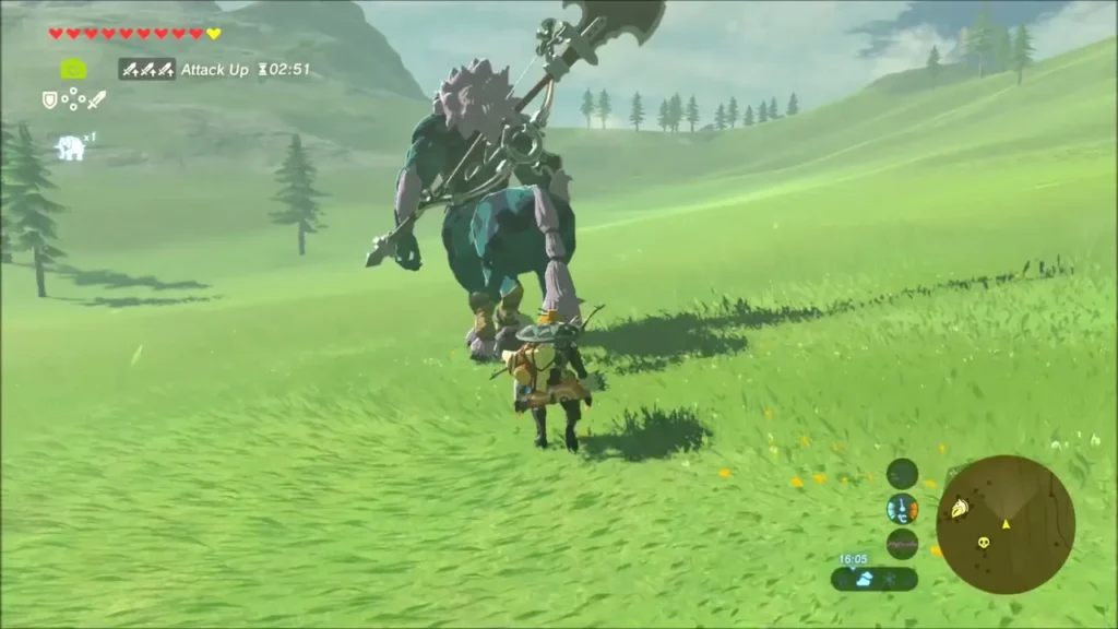 A Lynel with a spiked axe looming over Link on a grassy hill