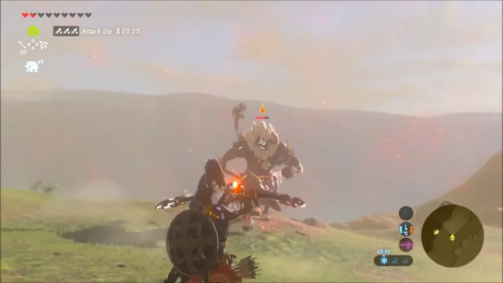 Link with shield up as a Lynel charges across the high grassland