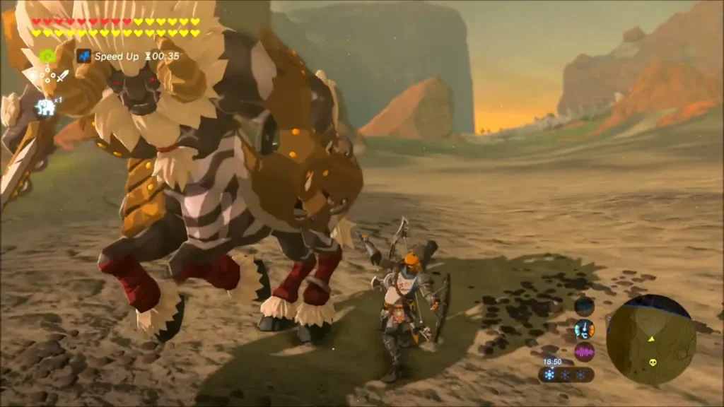 The white-maned Lynel charging past Link across the sand
