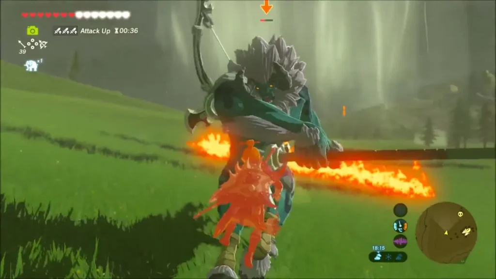 A Lynel sweeping its flaming weapon across the field as Link ducks behind his shield