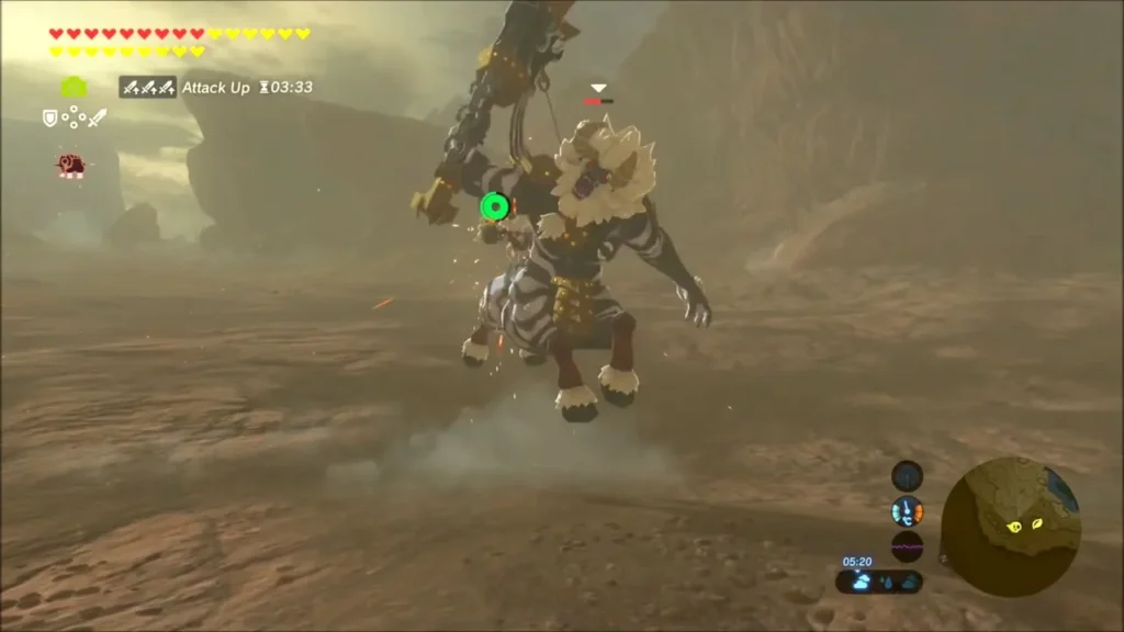 A white-maned Lynel leaping at Link