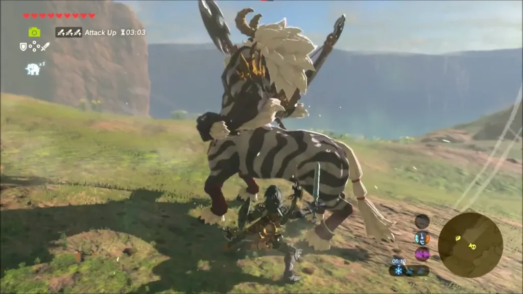 A Lynel rearing up beside Link on the slope