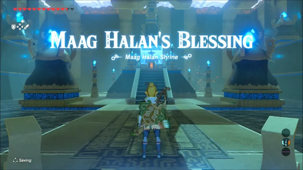 Maag Halan's Blessing title card as Link stands in the shrine hall