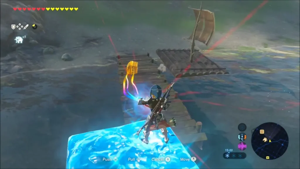 Link on a Cryonis ice block pulling a chest toward him with Magnesis