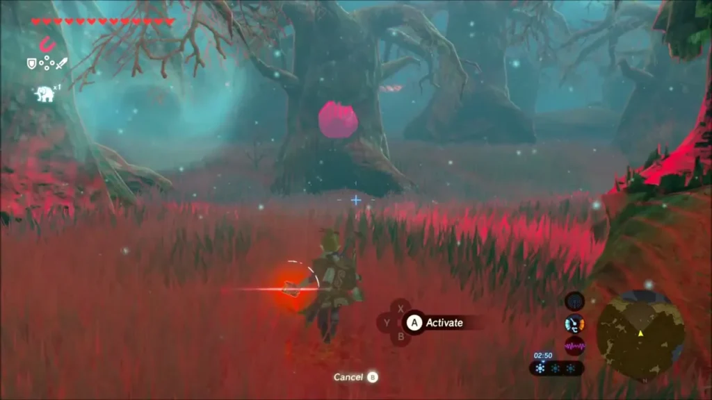 Magnesis highlighting metal inside a tree through red grass